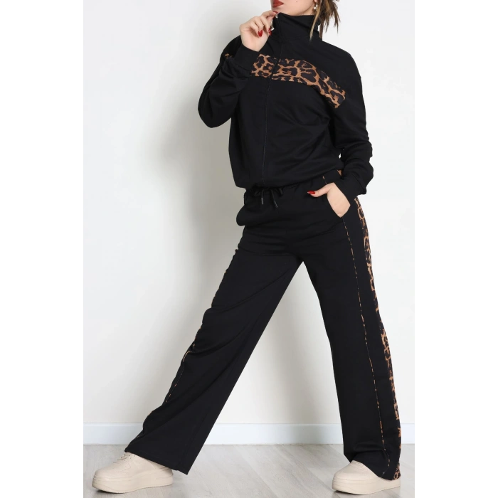 Garnili Fermuarlı 2 İplik Eşofman Takımı Siyahleopar - 50790.1857.