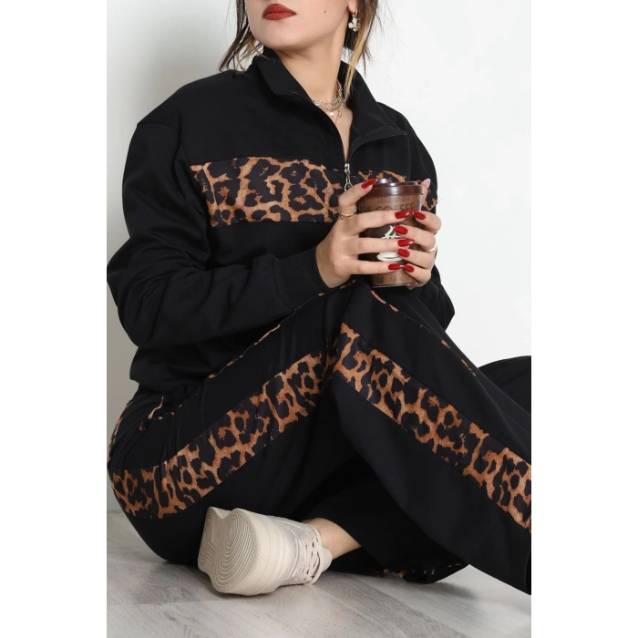 Garnili Fermuarlı 2 İplik Eşofman Takımı Siyahleopar - 50790.1857.