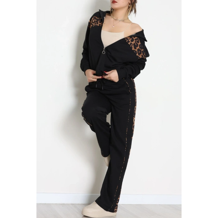 Garnili Fermuarlı 2 İplik Eşofman Takımı Siyahleopar - 50790.1857.
