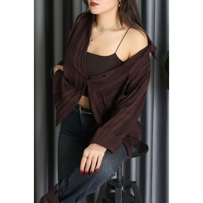 Geniş Çizgili Buklet Oversize Gömlek Kahve - 70995.1934.