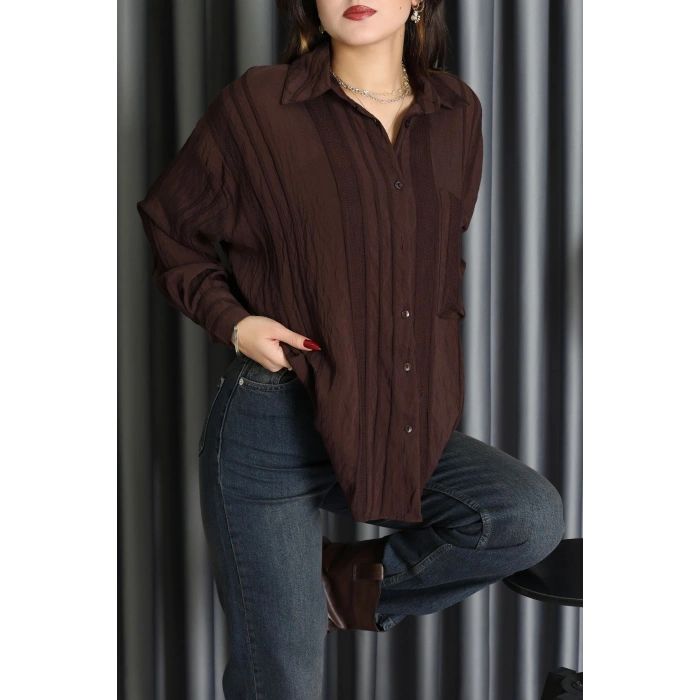Geniş Çizgili Buklet Oversize Gömlek Kahve - 70995.1934.