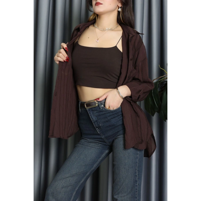 Geniş Çizgili Buklet Oversize Gömlek Kahve - 70995.1934.