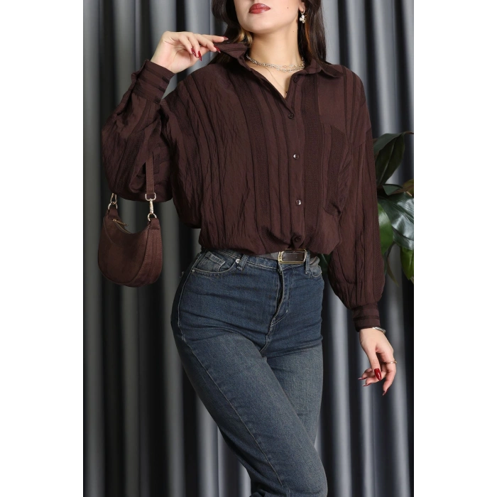 Geniş Çizgili Buklet Oversize Gömlek Kahve - 70995.1934.
