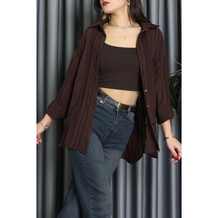 Geniş Çizgili Buklet Oversize Gömlek Kahve - 70995.1934.