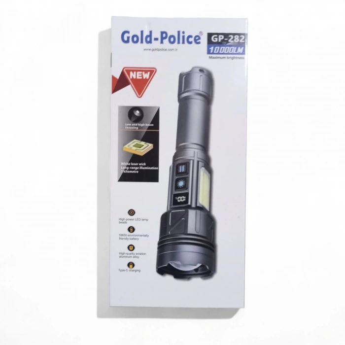Gold-police Gp-282 Uzun Menzilli Güçlü Şarjlı 10000 Lümen El Feneri 11 Mod Çakar Işıklı Kırmızı-mavi-yeşil Led
