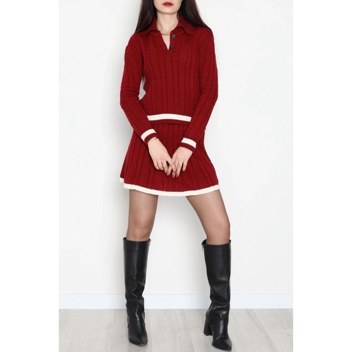 Gömlek Yaka Etekli Triko Takım Bordo - 2300.1247.