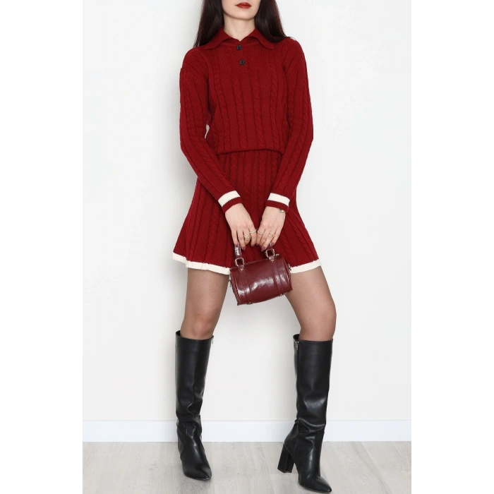 Gömlek Yaka Etekli Triko Takım Bordo - 2300.1247.