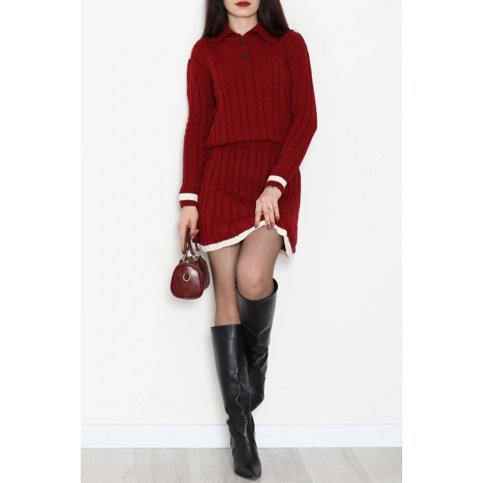 Gömlek Yaka Etekli Triko Takım Bordo - 2300.1247.