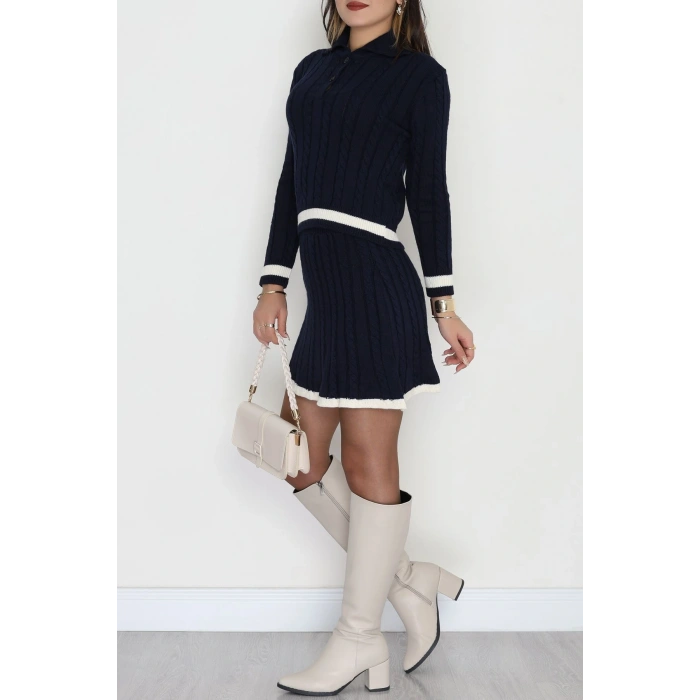 Gömlek Yaka Etekli Triko Takım Lacivert - 2300.1247.