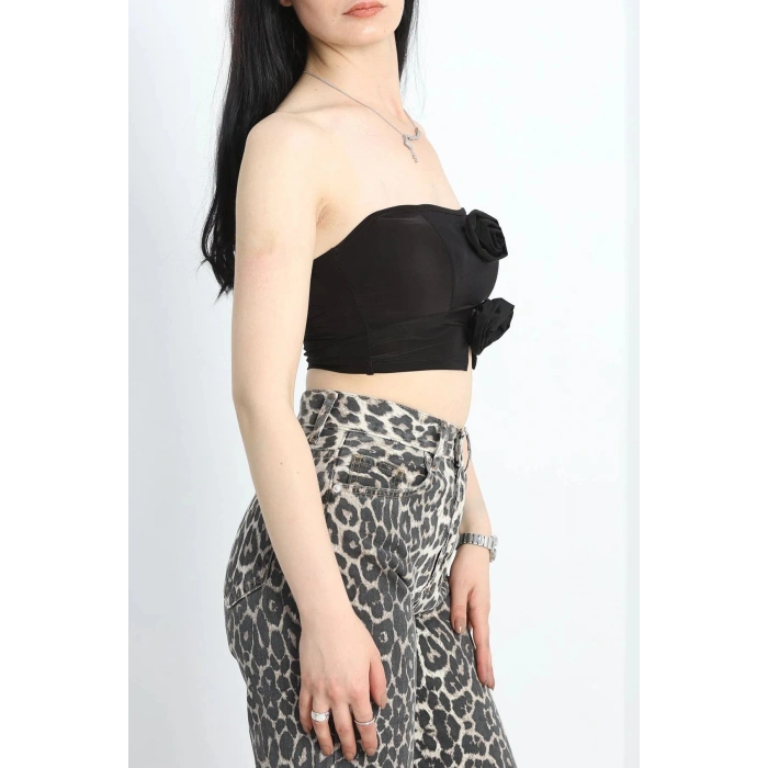 Gül Detaylı Crop Bluz Siyah - 41399.1595.