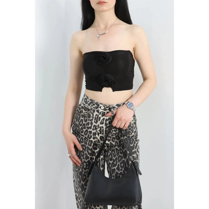 Gül Detaylı Crop Bluz Siyah - 41399.1595.