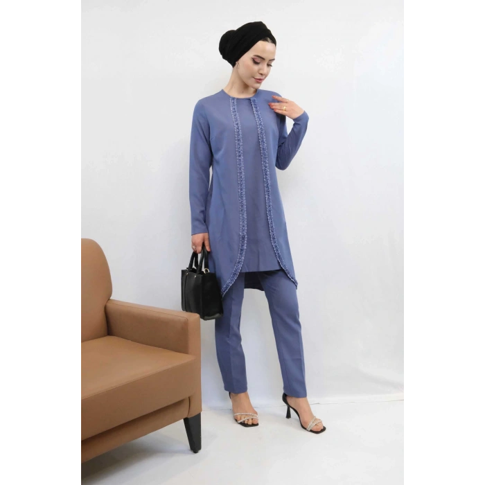 Gül İşlemeli İkili Takım MC1434  İndigo