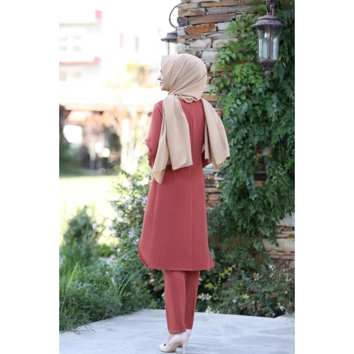 Gül İşlemeli İkili Takım MC1434 Kiremit