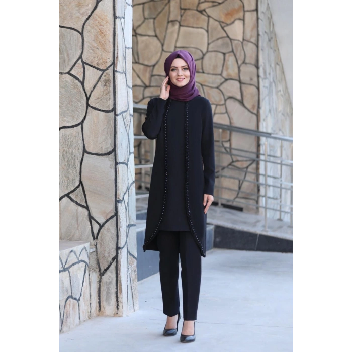 Gül İşlemeli İkili Takım MC1434 Siyah