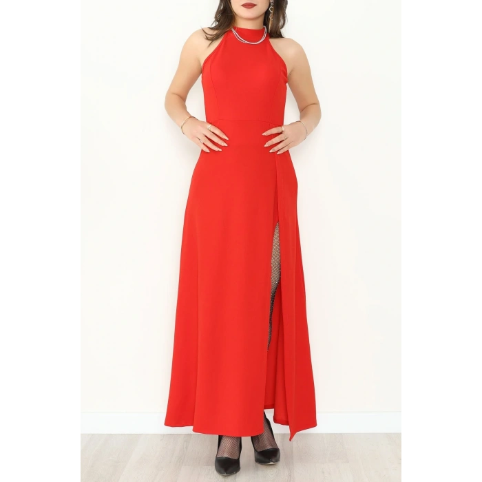 Halter Yaka İthal Krep Elbise Kırmızı - 42686.1256.