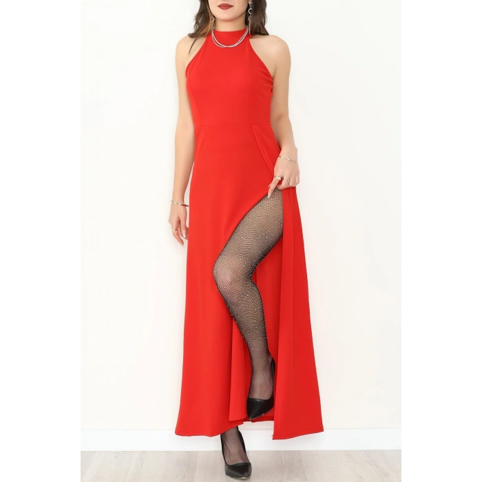 Halter Yaka İthal Krep Elbise Kırmızı - 42686.1256.