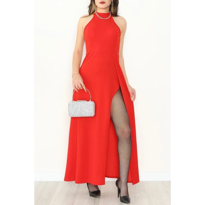 Halter Yaka İthal Krep Elbise Kırmızı - 42686.1256.