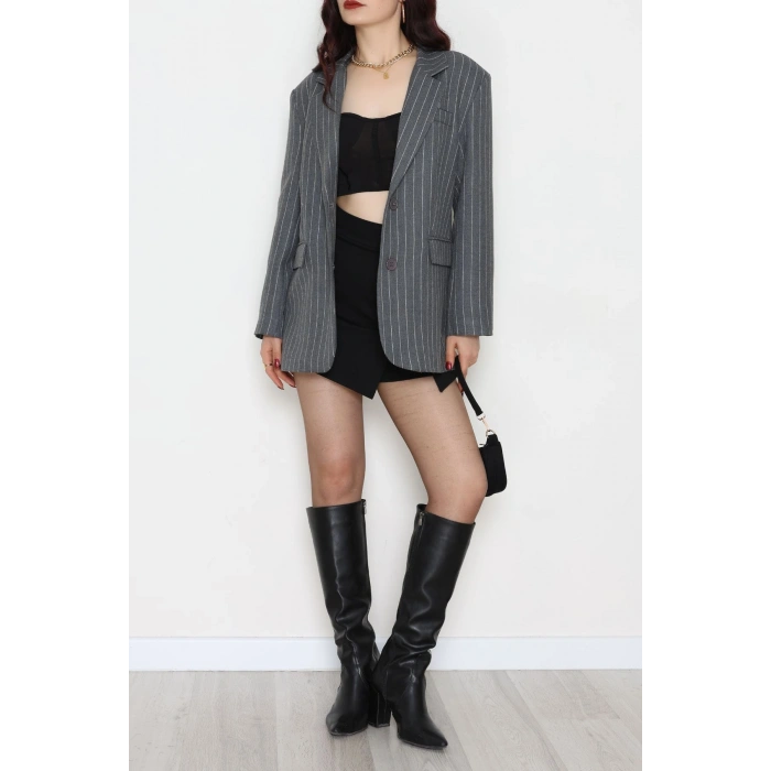 İki Düğme Çizgilili Oversize Ceket Gri - 6269.001.