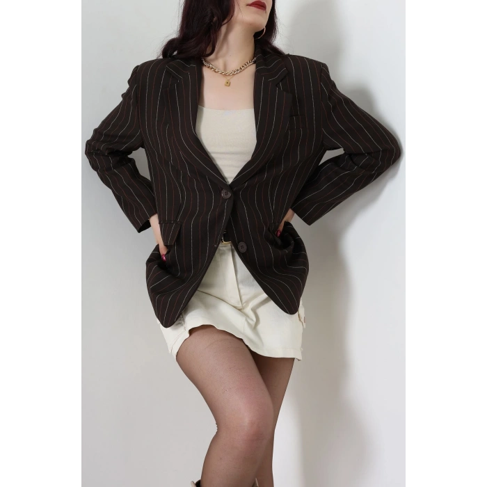 İki Düğme Çizgilili Oversize Ceket Kahverengi - 6269.001.