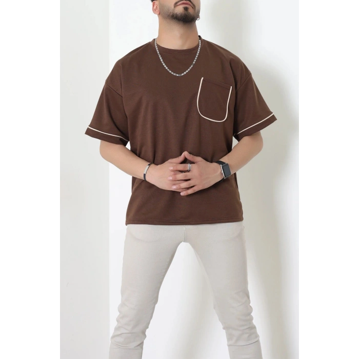 İki İplik Biyeli Oversize Erkek Tişört Acıkahve - 71401.1567.