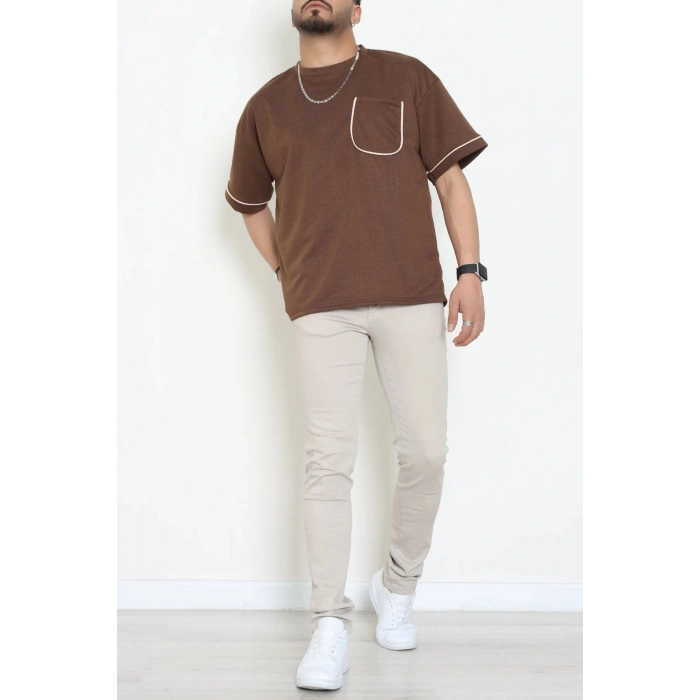 İki İplik Biyeli Oversize Erkek Tişört Acıkahve - 71401.1567.
