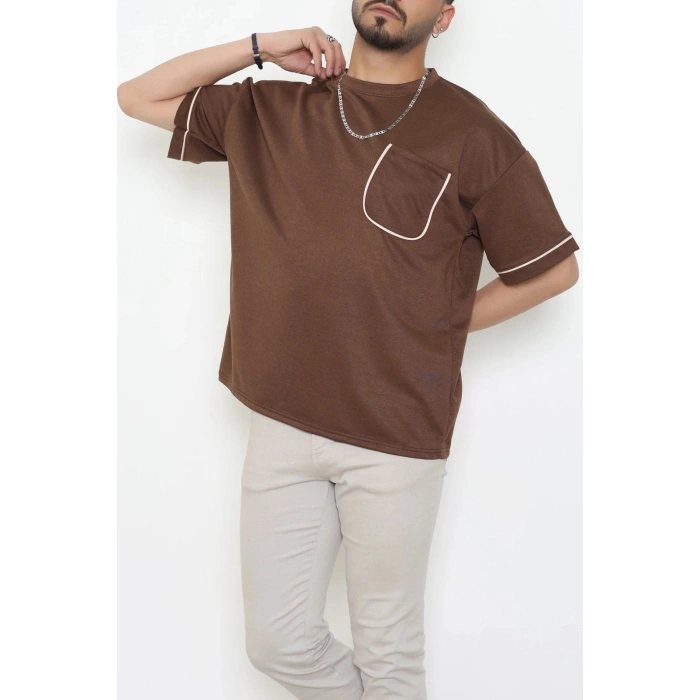 İki İplik Biyeli Oversize Erkek Tişört Acıkahve - 71401.1567.