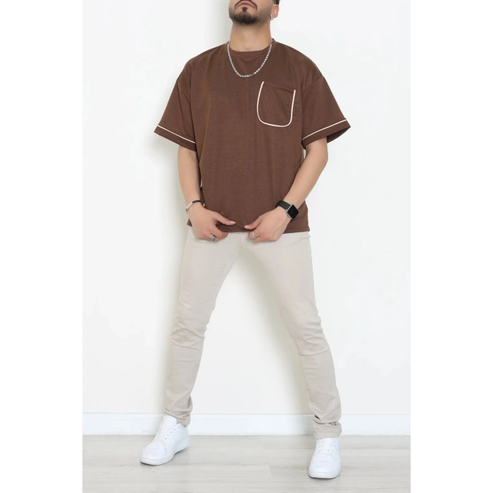 İki İplik Biyeli Oversize Erkek Tişört Acıkahve - 71401.1567.