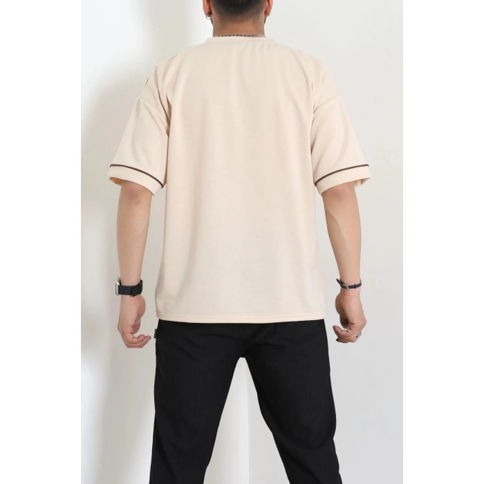 İki İplik Biyeli Oversize Erkek Tişört Bej - 71401.1567.
