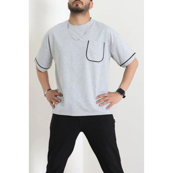 İki İplik Biyeli Oversize Erkek Tişört Gri - 71401.1567.