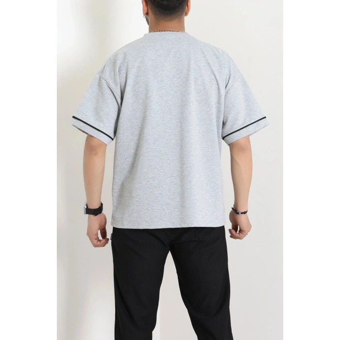 İki İplik Biyeli Oversize Erkek Tişört Gri - 71401.1567.