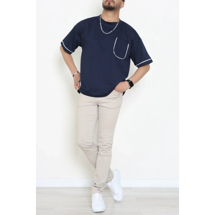 İki İplik Biyeli Oversize Erkek Tişört Lacivert - 71401.1567.