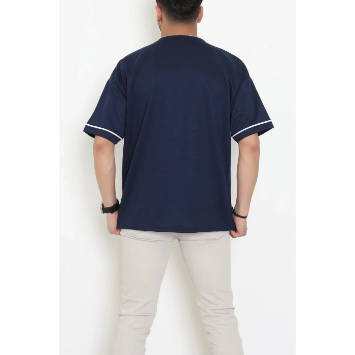 İki İplik Biyeli Oversize Erkek Tişört Lacivert - 71401.1567.