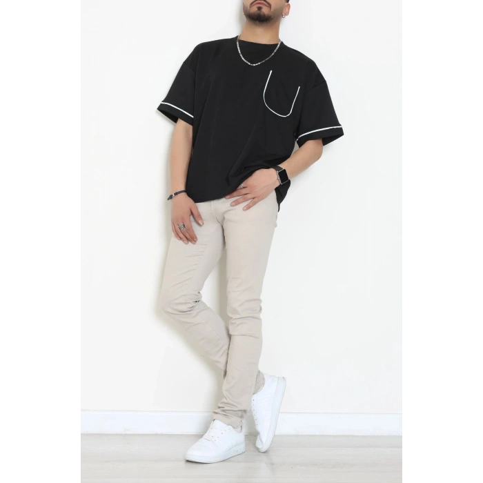 İki İplik Biyeli Oversize Erkek Tişört Siyah - 71401.1567.