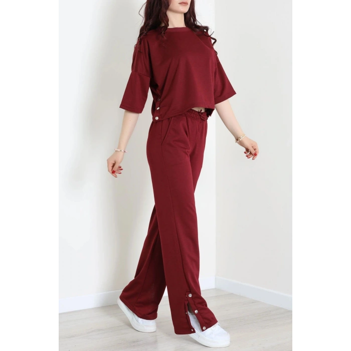 İki İplik Çıtçıt Detaylı Eşofman Takımı Bordo - 43964.1857.