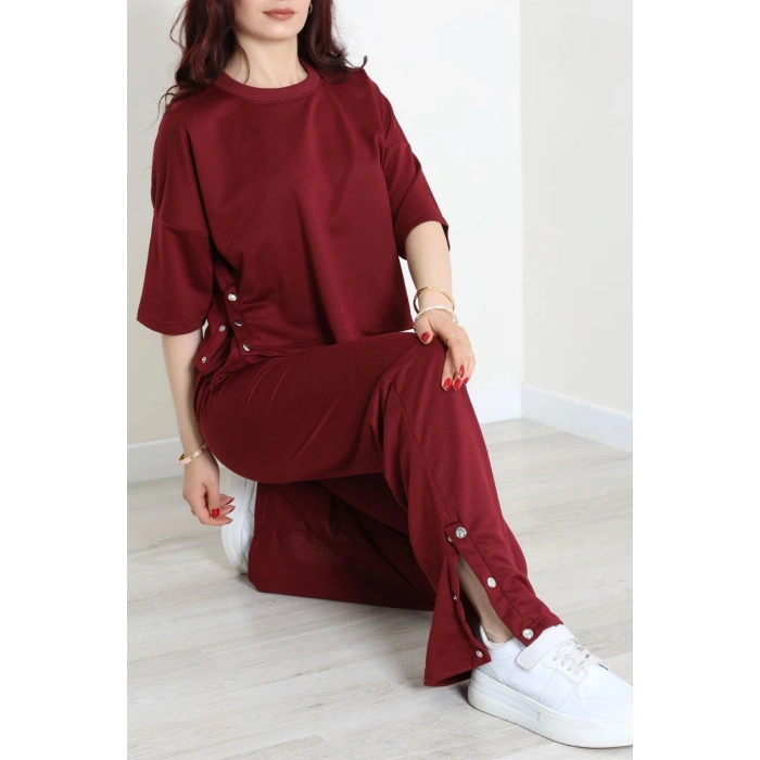 İki İplik Çıtçıt Detaylı Eşofman Takımı Bordo - 43964.1857.
