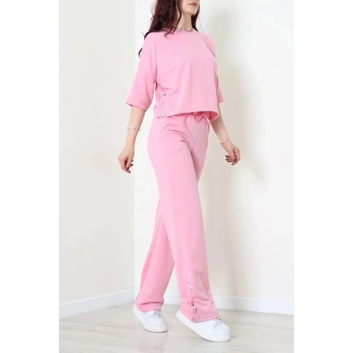 İki İplik Çıtçıt Detaylı Eşofman Takımı Pembe - 43964.1857.