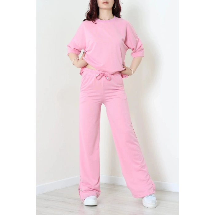 İki İplik Çıtçıt Detaylı Eşofman Takımı Pembe - 43964.1857.
