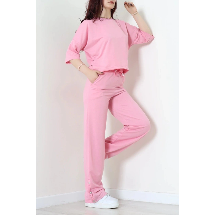 İki İplik Çıtçıt Detaylı Eşofman Takımı Pembe - 43964.1857.