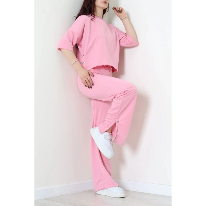 İki İplik Çıtçıt Detaylı Eşofman Takımı Pembe - 43964.1857.