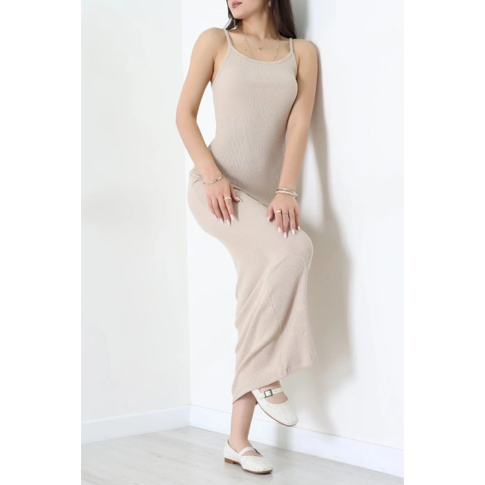 İp Askılı Maksi Boy Kaşkorse Elbise Bej - 71022.1748.