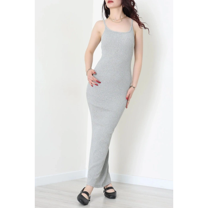 İp Askılı Maksi Boy Kaşkorse Elbise Gri - 71022.1748.