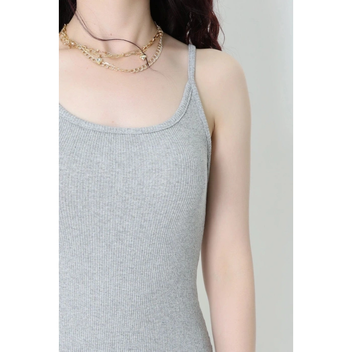 İp Askılı Maksi Boy Kaşkorse Elbise Gri - 71022.1748.