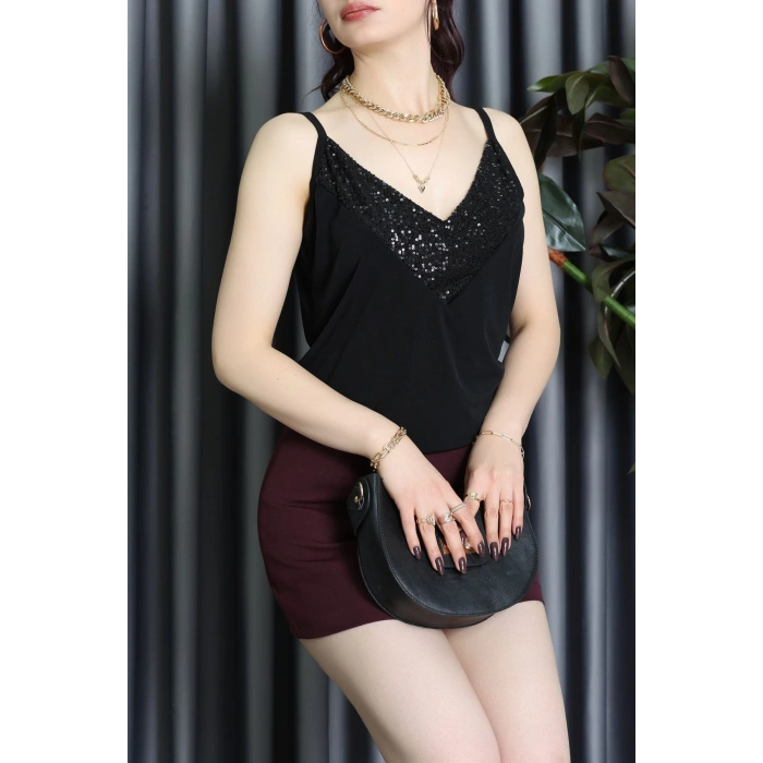 İp Askılı V Yakalı Pulpayet Detaylı Sandy Bluz Siyah - 72378.1287.