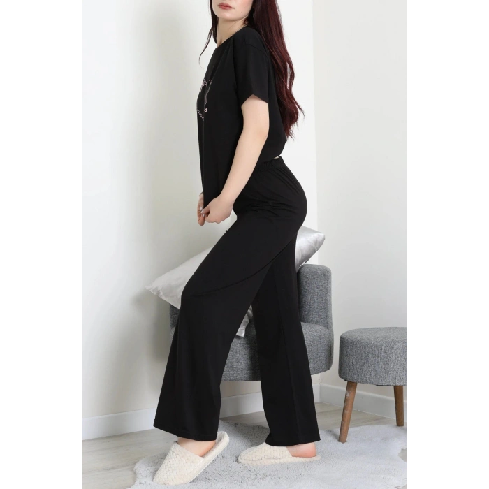 İpek Apreli Süprem Pijama Takımı Siyahkalp - 52238.1567.
