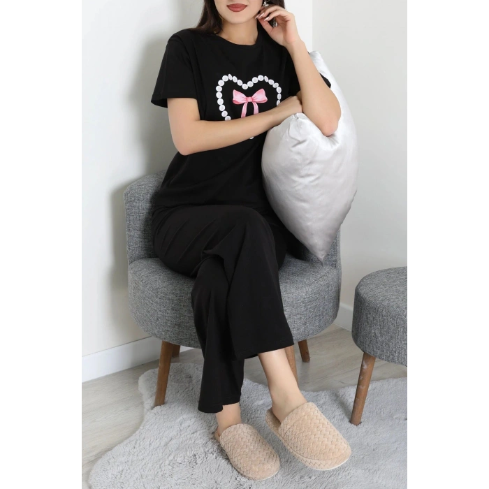 İpek Apreli Süprem Pijama Takımı Siyahpembe - 52238.1567.