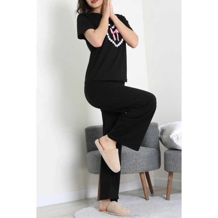 İpek Apreli Süprem Pijama Takımı Siyahpembe - 52238.1567.