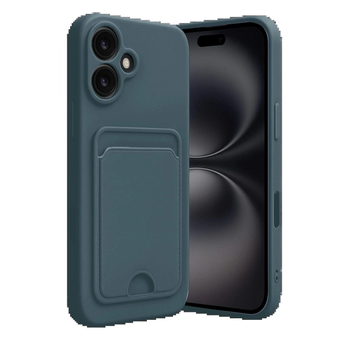 iPhone 16 Kılıf Kelvin Kartvizitli Silikon - Koyu Yeşil