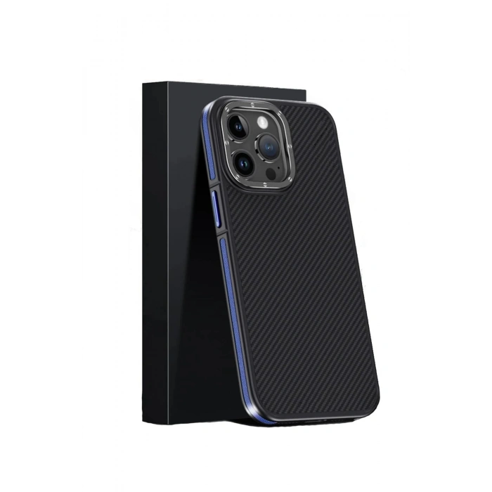 Joko iPhone 15 Pro Max Kılıf Aramid 600D Kevlar Karbon Fiber Magsafe Kapak - Lacivert