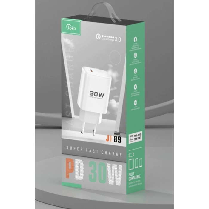 Joko JK89 30W Type-C Çıkışlı Ekstra DC67 1M Type-C to Type-C Kablolu PD Şarj Cihazı - Beyaz