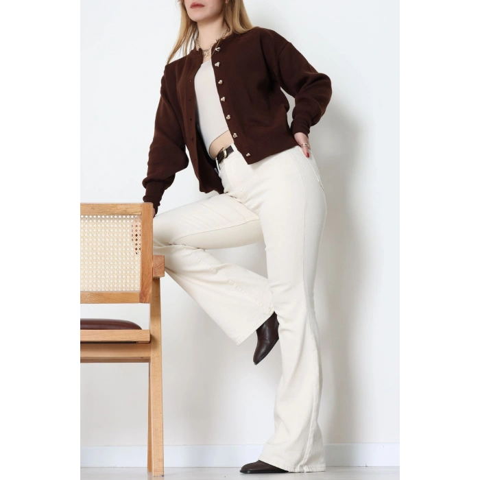 Kalp Düğmeli Balon Kol Hırka Kahve - 3256.1577.